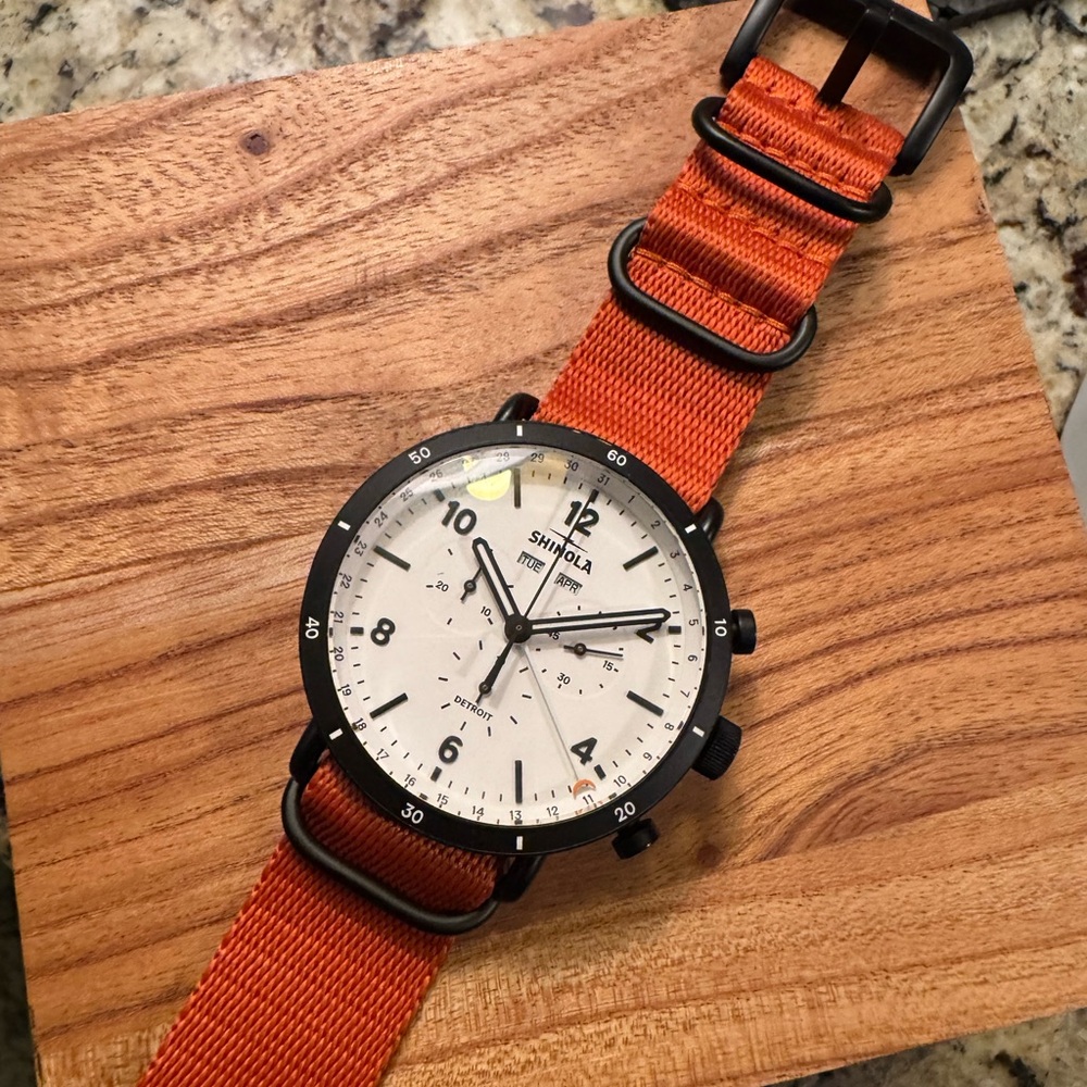 Shinola Chronograph Black Case Watch with White Dial and Orange Strap - Picture 4 of 4